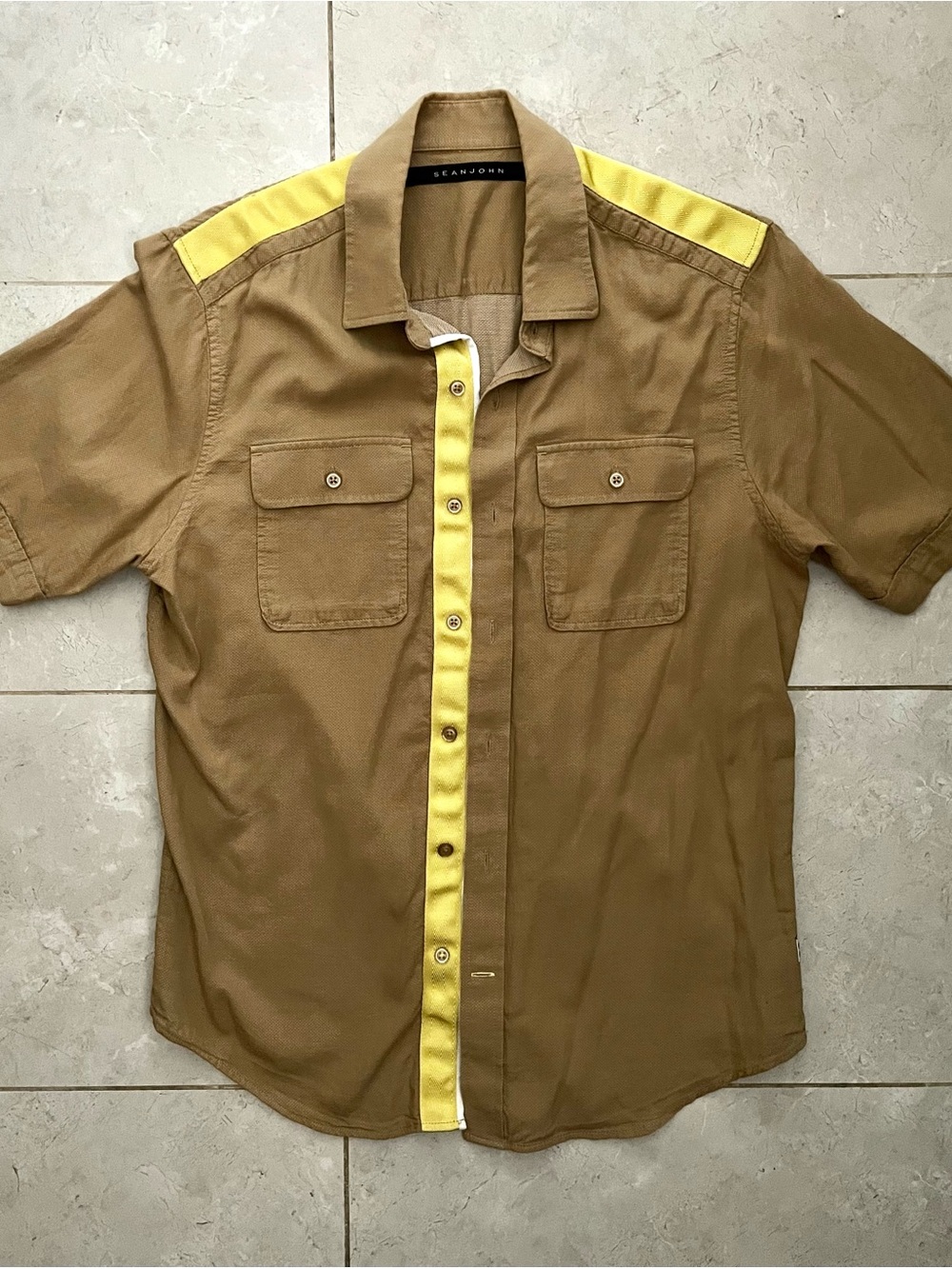 Sean John Brown Short-Sleeve Button Shirt with Yellow Trim